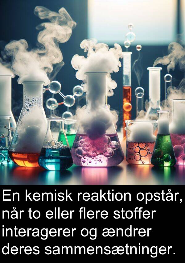 kemisk: En kemisk reaktion opstår, når to eller flere stoffer interagerer og ændrer deres sammensætninger.