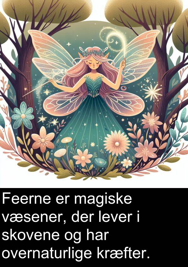 væsener: Feerne er magiske væsener, der lever i skovene og har overnaturlige kræfter.