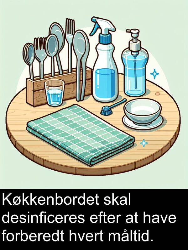 måltid: Køkkenbordet skal desinficeres efter at have forberedt hvert måltid.