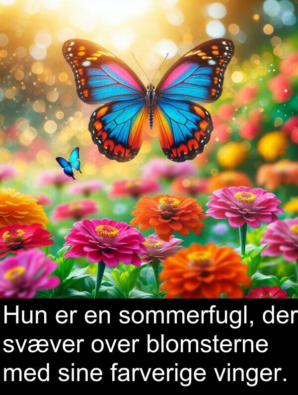 vinger: Hun er en sommerfugl, der svæver over blomsterne med sine farverige vinger.
