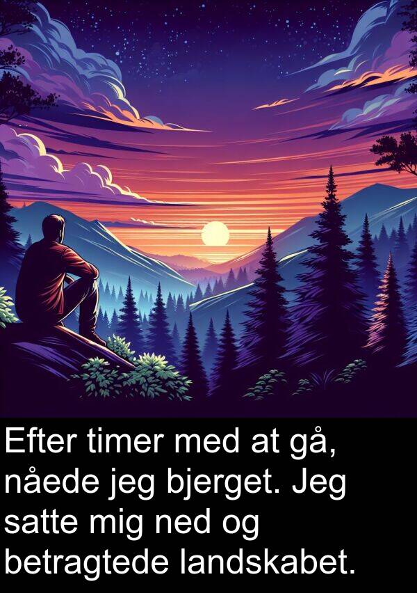 gå: Efter timer med at gå, nåede jeg bjerget. Jeg satte mig ned og betragtede landskabet.