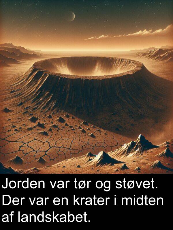 krater: Jorden var tør og støvet. Der var en krater i midten af landskabet.
