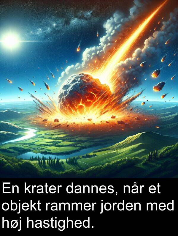 krater: En krater dannes, når et objekt rammer jorden med høj hastighed.