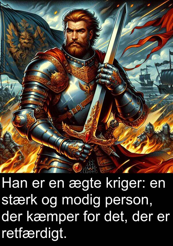 kæmper: Han er en ægte kriger: en stærk og modig person, der kæmper for det, der er retfærdigt.