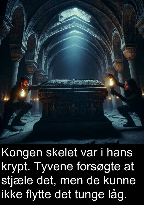 krypt: Kongen skelet var i hans krypt. Tyvene forsøgte at stjæle det, men de kunne ikke flytte det tunge låg.
