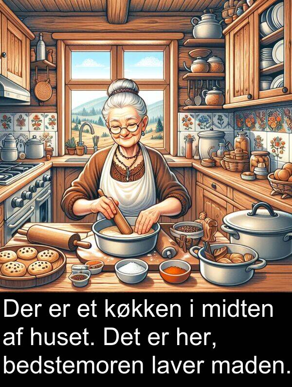 køkken: Der er et køkken i midten af huset. Det er her, bedstemoren laver maden.