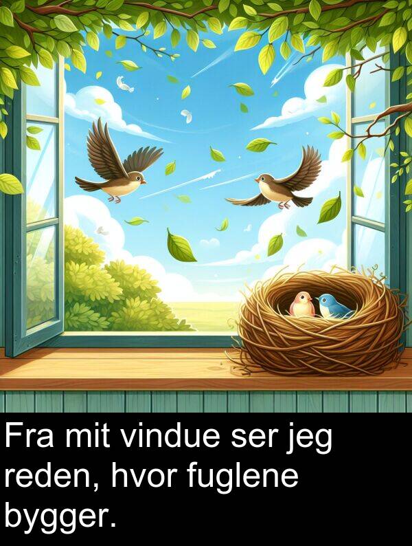 jeg: Fra mit vindue ser jeg reden, hvor fuglene bygger.