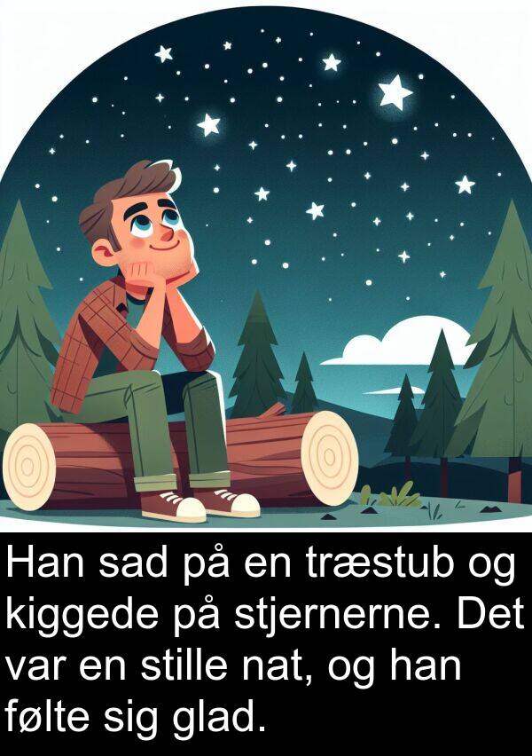 kiggede: Han sad på en træstub og kiggede på stjernerne. Det var en stille nat, og han følte sig glad.