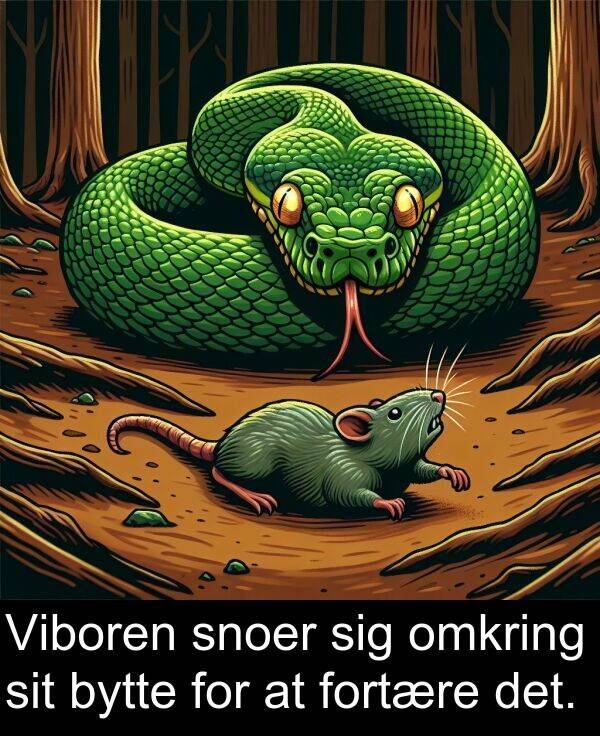 fortære: Viboren snoer sig omkring sit bytte for at fortære det.