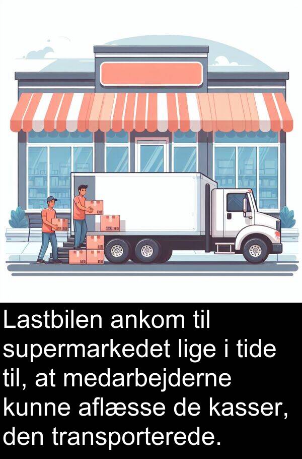 kasser: Lastbilen ankom til supermarkedet lige i tide til, at medarbejderne kunne aflæsse de kasser, den transporterede.