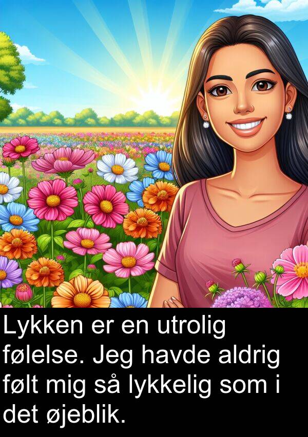 lykkelig: Lykken er en utrolig følelse. Jeg havde aldrig følt mig så lykkelig som i det øjeblik.