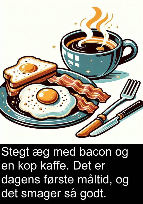 kop: Stegt æg med bacon og en kop kaffe. Det er dagens første måltid, og det smager så godt.