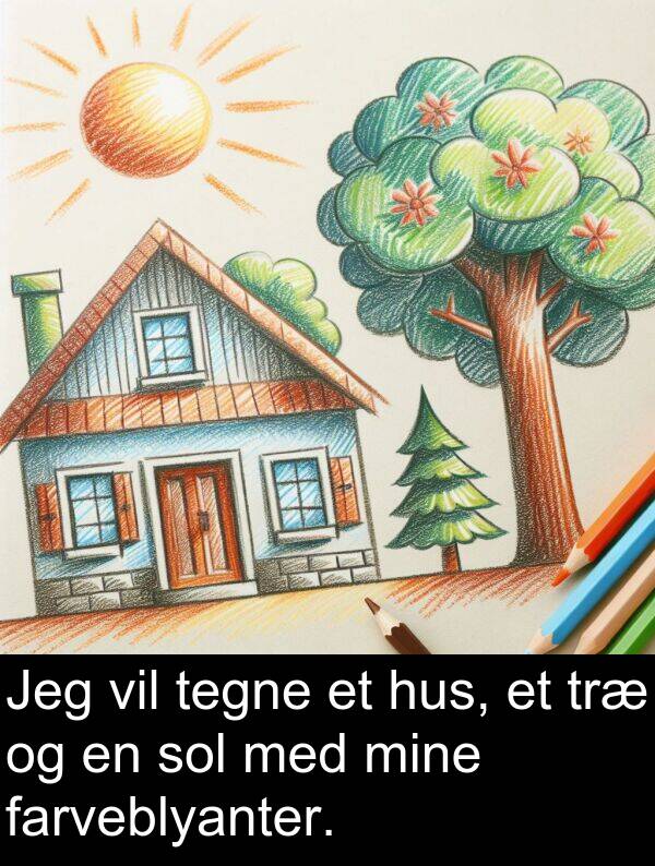 mine: Jeg vil tegne et hus, et træ og en sol med mine farveblyanter.