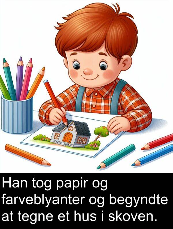 hus: Han tog papir og farveblyanter og begyndte at tegne et hus i skoven.