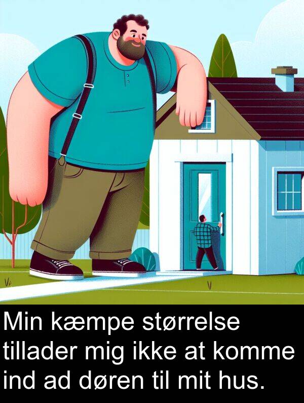 kæmpe: Min kæmpe størrelse tillader mig ikke at komme ind ad døren til mit hus.