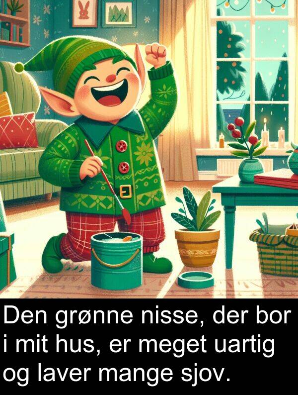 bor: Den grønne nisse, der bor i mit hus, er meget uartig og laver mange sjov.