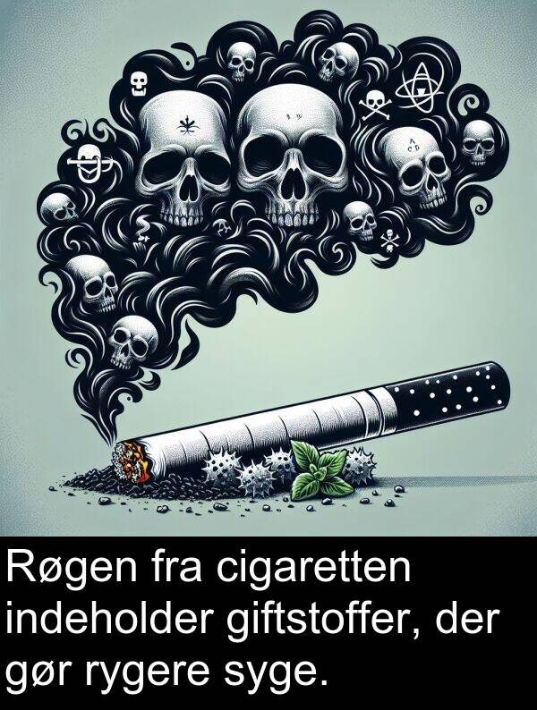 indeholder: Røgen fra cigaretten indeholder giftstoffer, der gør rygere syge.
