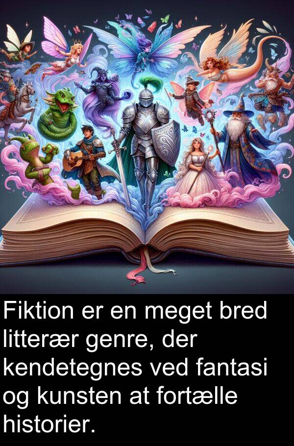 kendetegnes: Fiktion er en meget bred litterær genre, der kendetegnes ved fantasi og kunsten at fortælle historier.