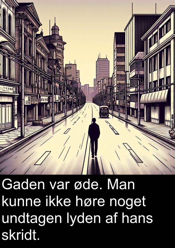 øde: Gaden var øde. Man kunne ikke høre noget undtagen lyden af hans skridt.