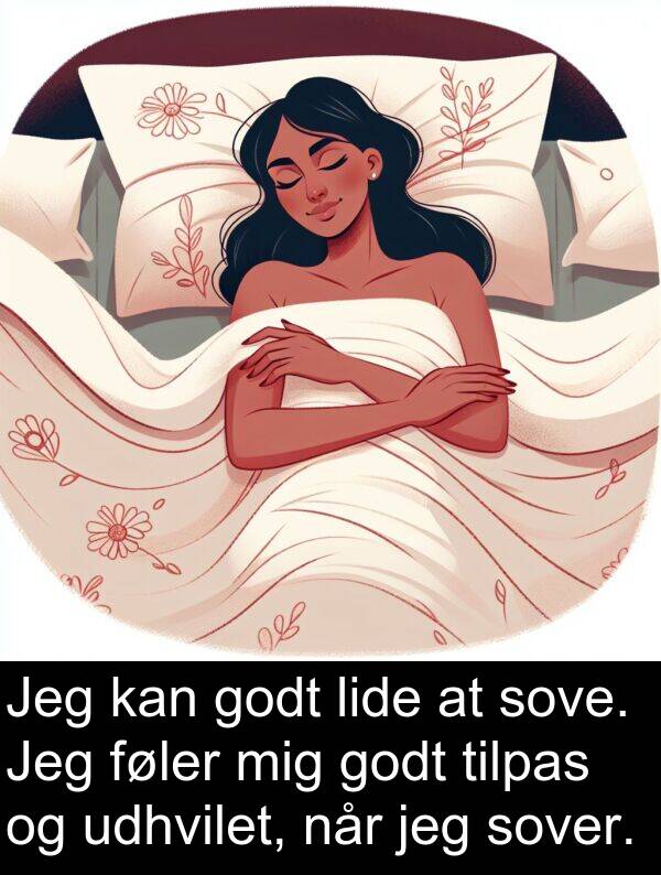 udhvilet: Jeg kan godt lide at sove. Jeg føler mig godt tilpas og udhvilet, når jeg sover.
