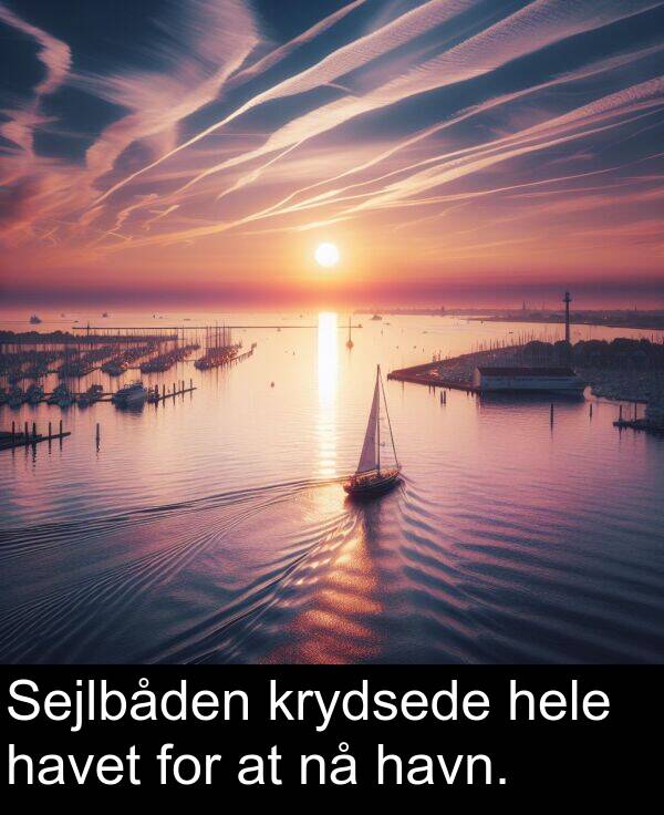 krydsede: Sejlbåden krydsede hele havet for at nå havn.