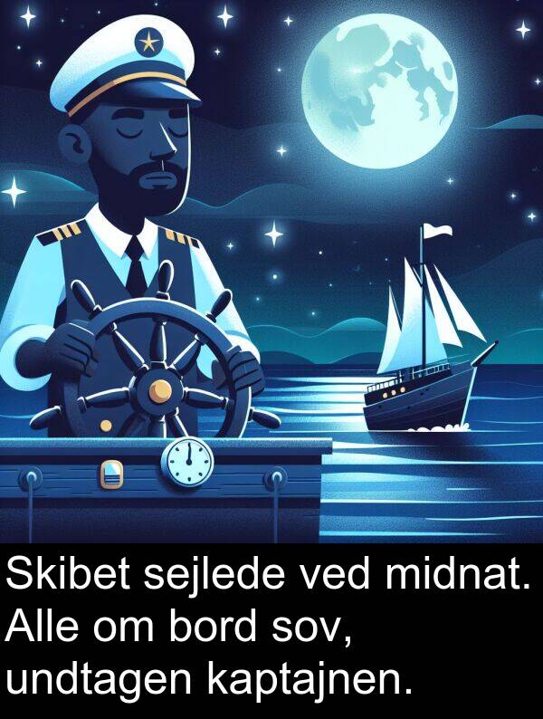 bord: Skibet sejlede ved midnat. Alle om bord sov, undtagen kaptajnen.