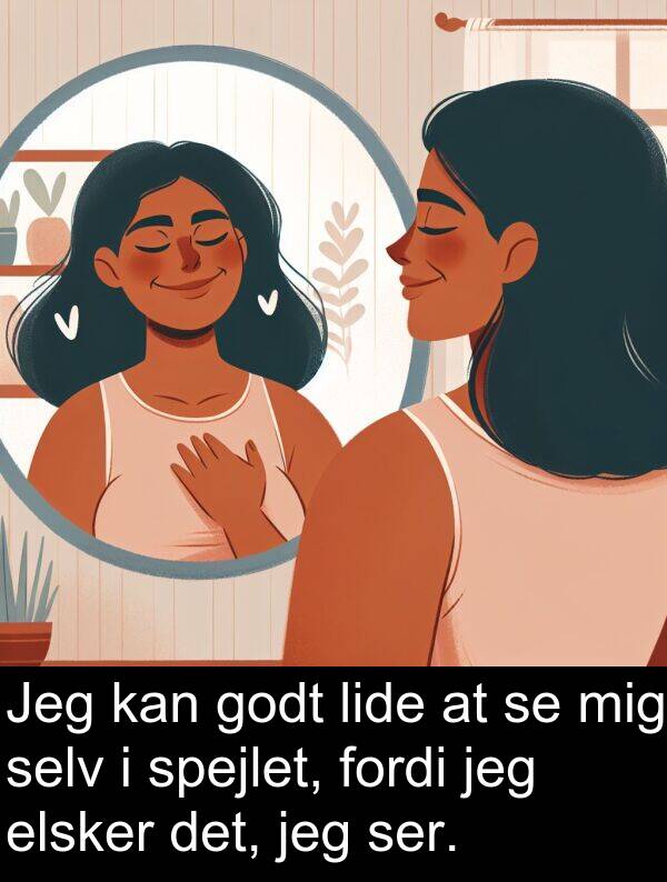 fordi: Jeg kan godt lide at se mig selv i spejlet, fordi jeg elsker det, jeg ser.