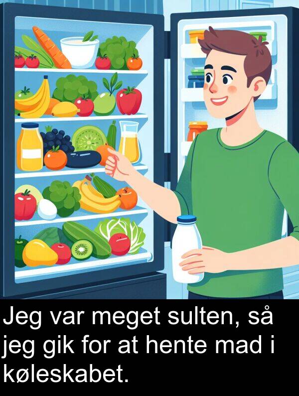 køleskabet: Jeg var meget sulten, så jeg gik for at hente mad i køleskabet.