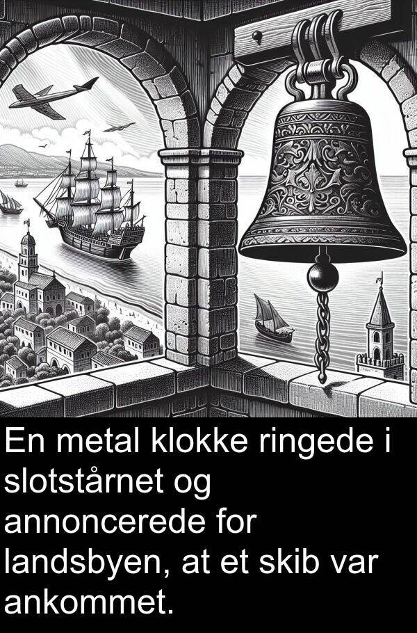 metal: En metal klokke ringede i slotstårnet og annoncerede for landsbyen, at et skib var ankommet.