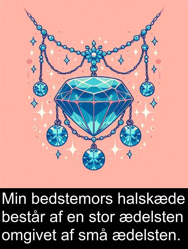 halskæde: Min bedstemors halskæde består af en stor ædelsten omgivet af små ædelsten.