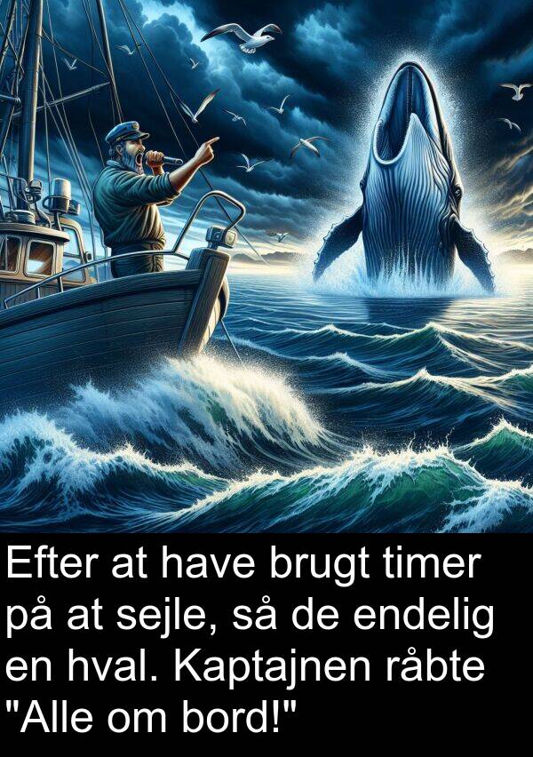 bord: Efter at have brugt timer på at sejle, så de endelig en hval. Kaptajnen råbte "Alle om bord!"