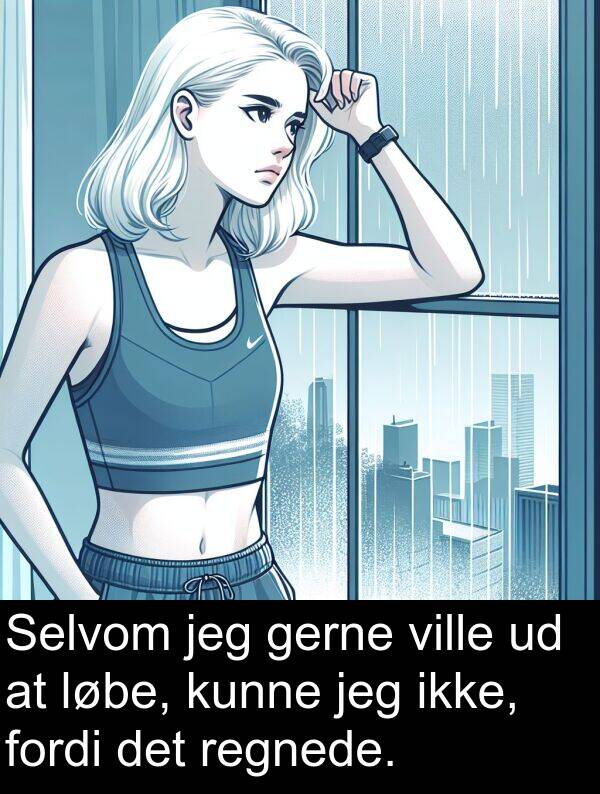 kunne: Selvom jeg gerne ville ud at løbe, kunne jeg ikke, fordi det regnede.
