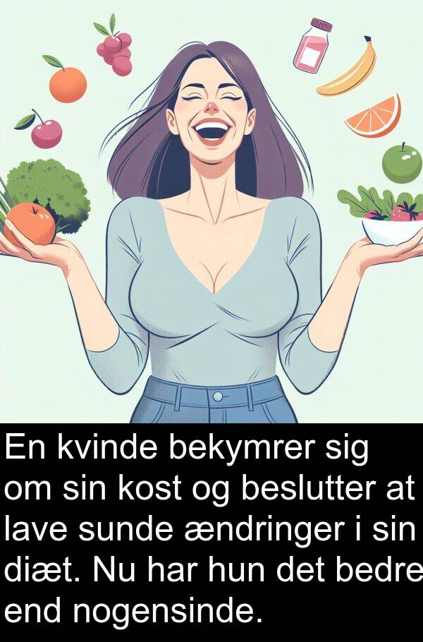 kvinde: En kvinde bekymrer sig om sin kost og beslutter at lave sunde ændringer i sin diæt. Nu har hun det bedre end nogensinde.