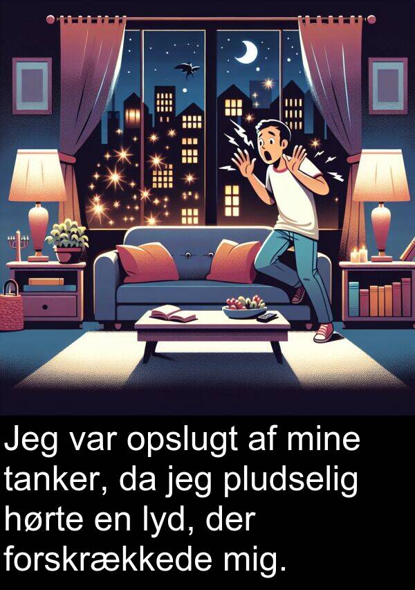 hørte: Jeg var opslugt af mine tanker, da jeg pludselig hørte en lyd, der forskrækkede mig.