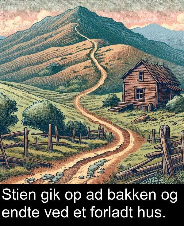 ved: Stien gik op ad bakken og endte ved et forladt hus.