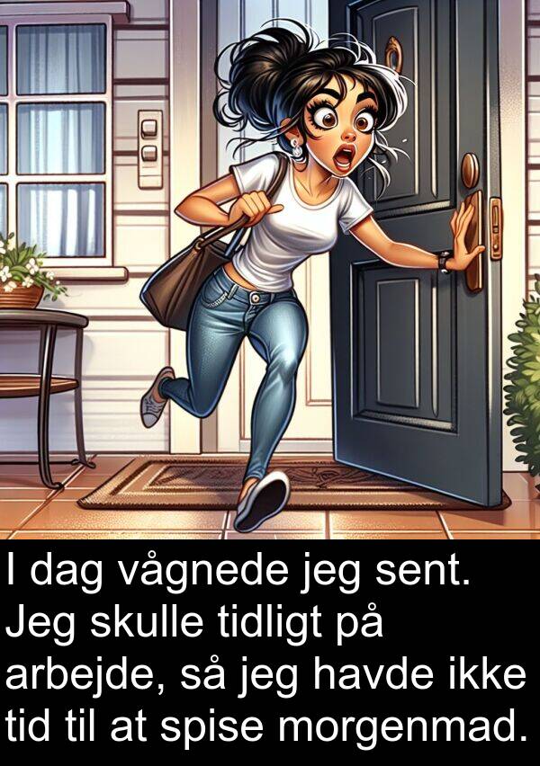 vågnede: I dag vågnede jeg sent. Jeg skulle tidligt på arbejde, så jeg havde ikke tid til at spise morgenmad.