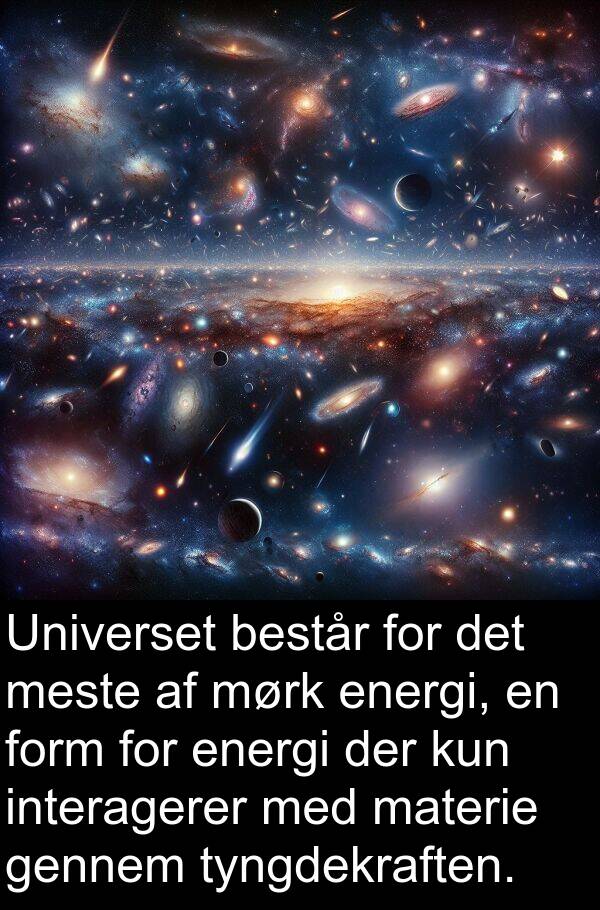 kun: Universet består for det meste af mørk energi, en form for energi der kun interagerer med materie gennem tyngdekraften.