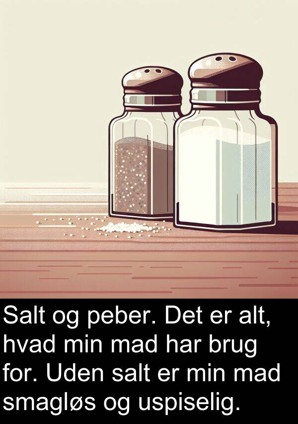 hvad: Salt og peber. Det er alt, hvad min mad har brug for. Uden salt er min mad smagløs og uspiselig.