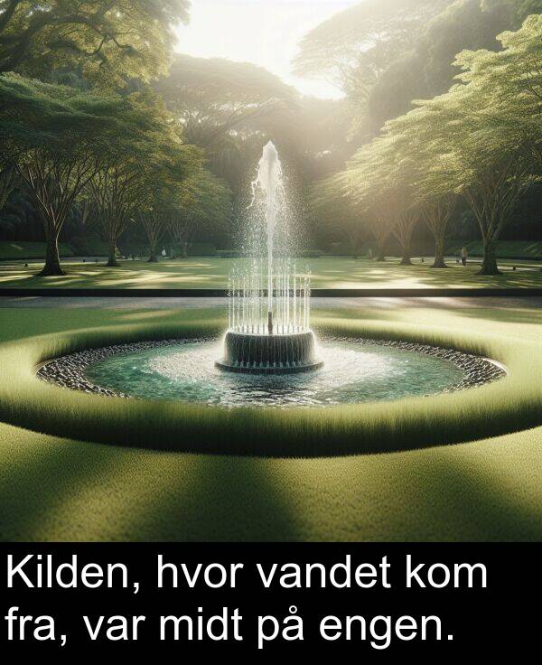 vandet: Kilden, hvor vandet kom fra, var midt på engen.