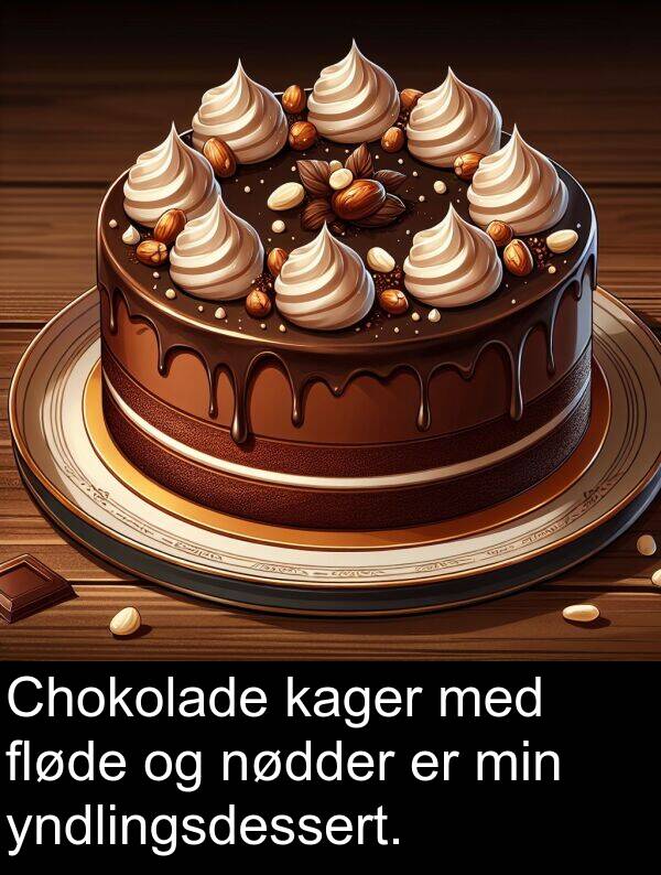 yndlingsdessert: Chokolade kager med fløde og nødder er min yndlingsdessert.