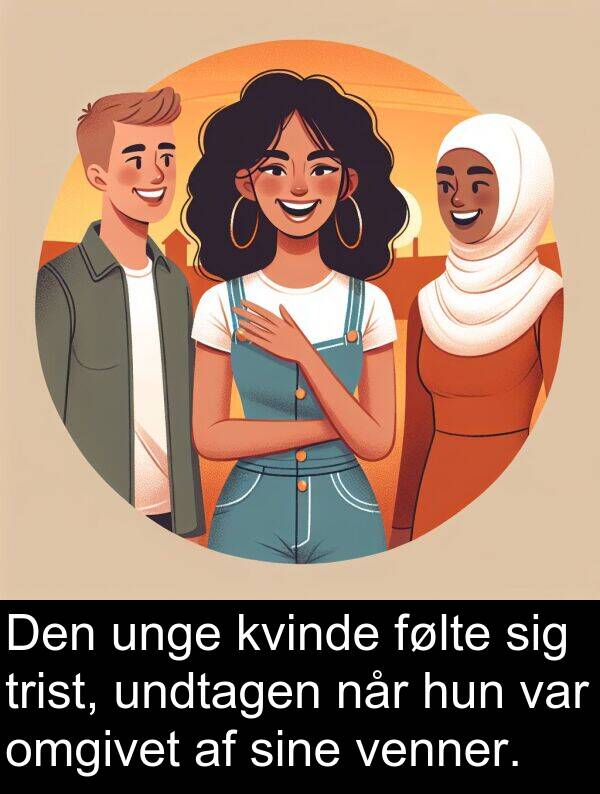 kvinde: Den unge kvinde følte sig trist, undtagen når hun var omgivet af sine venner.