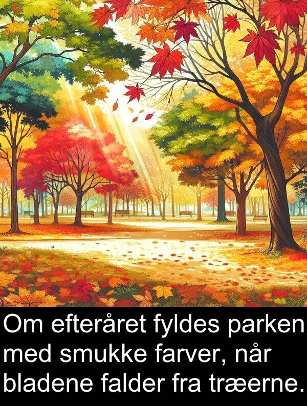 farver: Om efteråret fyldes parken med smukke farver, når bladene falder fra træerne.