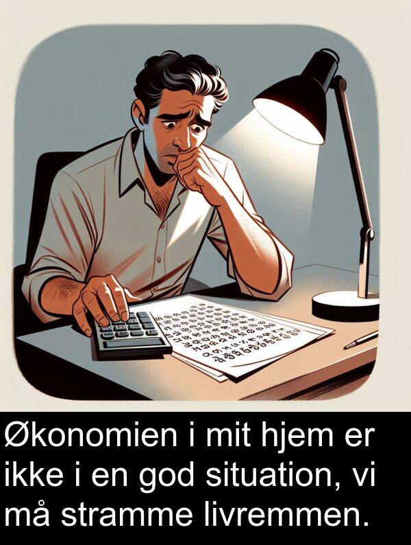 god: Økonomien i mit hjem er ikke i en god situation, vi må stramme livremmen.