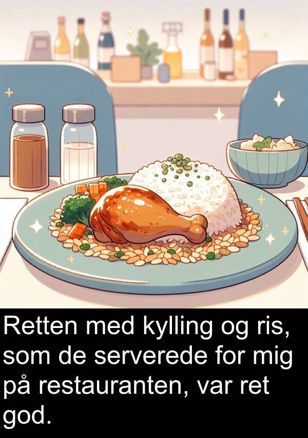 kylling: Retten med kylling og ris, som de serverede for mig på restauranten, var ret god.