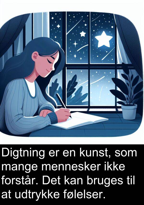 kunst: Digtning er en kunst, som mange mennesker ikke forstår. Det kan bruges til at udtrykke følelser.