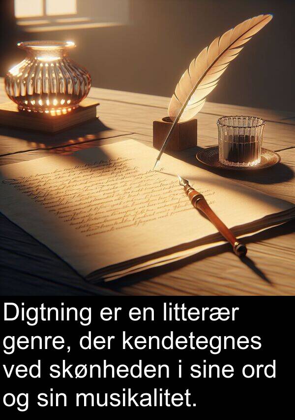 kendetegnes: Digtning er en litterær genre, der kendetegnes ved skønheden i sine ord og sin musikalitet.