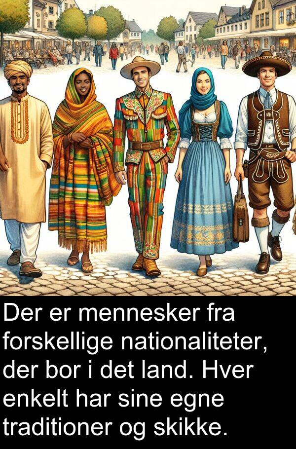 bor: Der er mennesker fra forskellige nationaliteter, der bor i det land. Hver enkelt har sine egne traditioner og skikke.