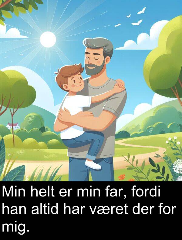 været: Min helt er min far, fordi han altid har været der for mig.