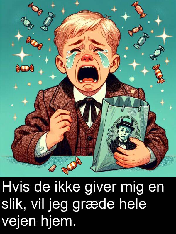 vejen: Hvis de ikke giver mig en slik, vil jeg græde hele vejen hjem.