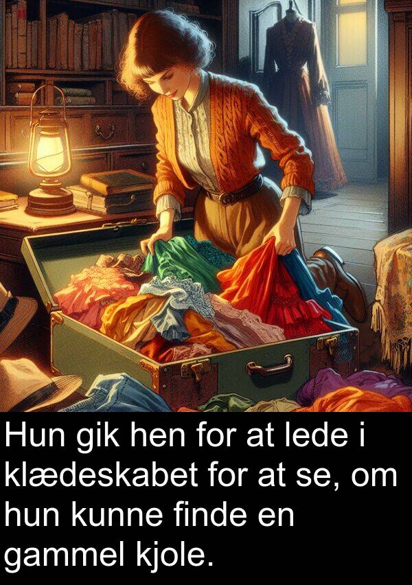 gammel: Hun gik hen for at lede i klædeskabet for at se, om hun kunne finde en gammel kjole.